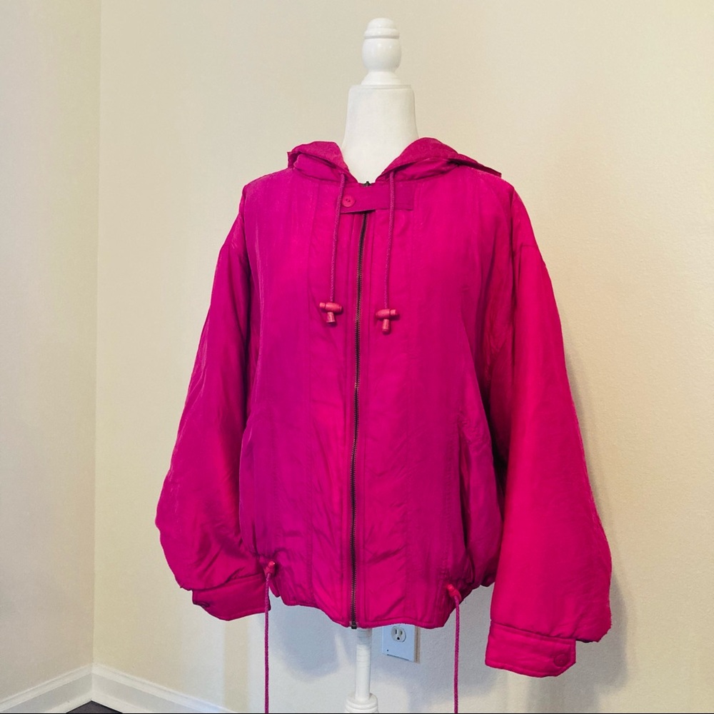 RARE Vintage Paolo Gucci Pink Puffy Drawstring Hooded Zip Up Silk Jacket Large